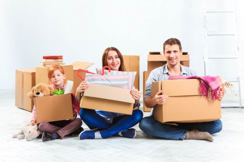 Office relocation planning in Docklands with commercial buildings and moving team